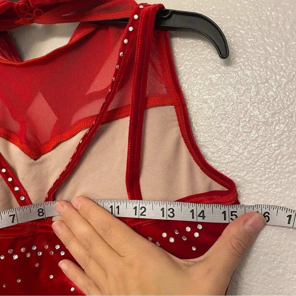 WEISSMAN solo Dance Costume red Crystal feather Leotard stoned velvet 15752 MA